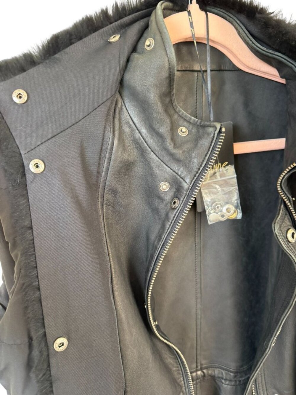 June Black Leather Jacket, Real Rabbit Fur Size Small - Picture 16 of 16